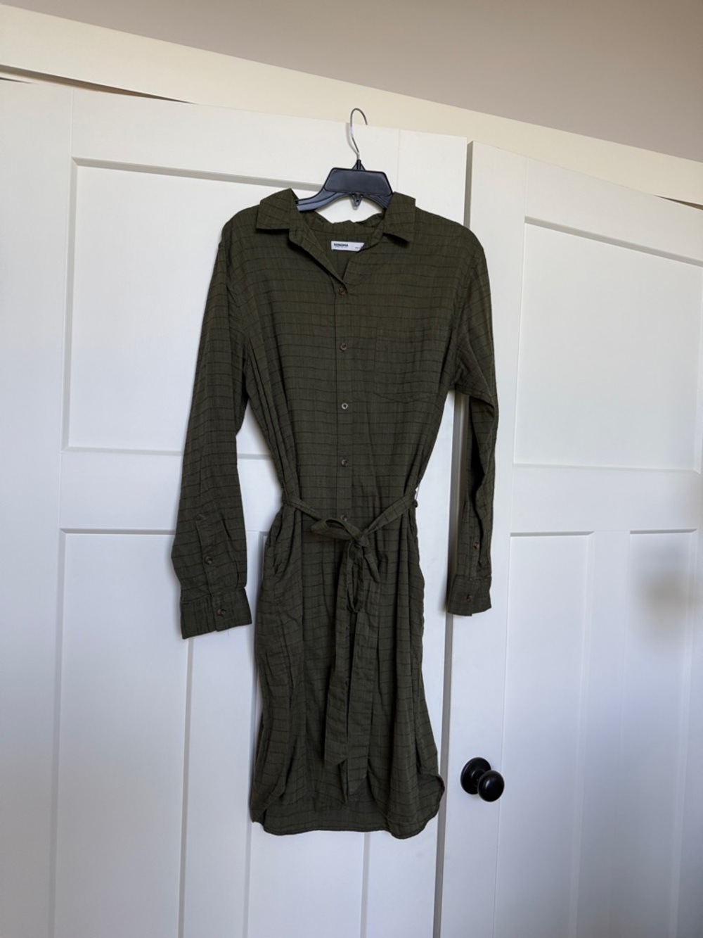 Sonoma Olive Green Button-Front Shirt Dress with Tie and Pockets